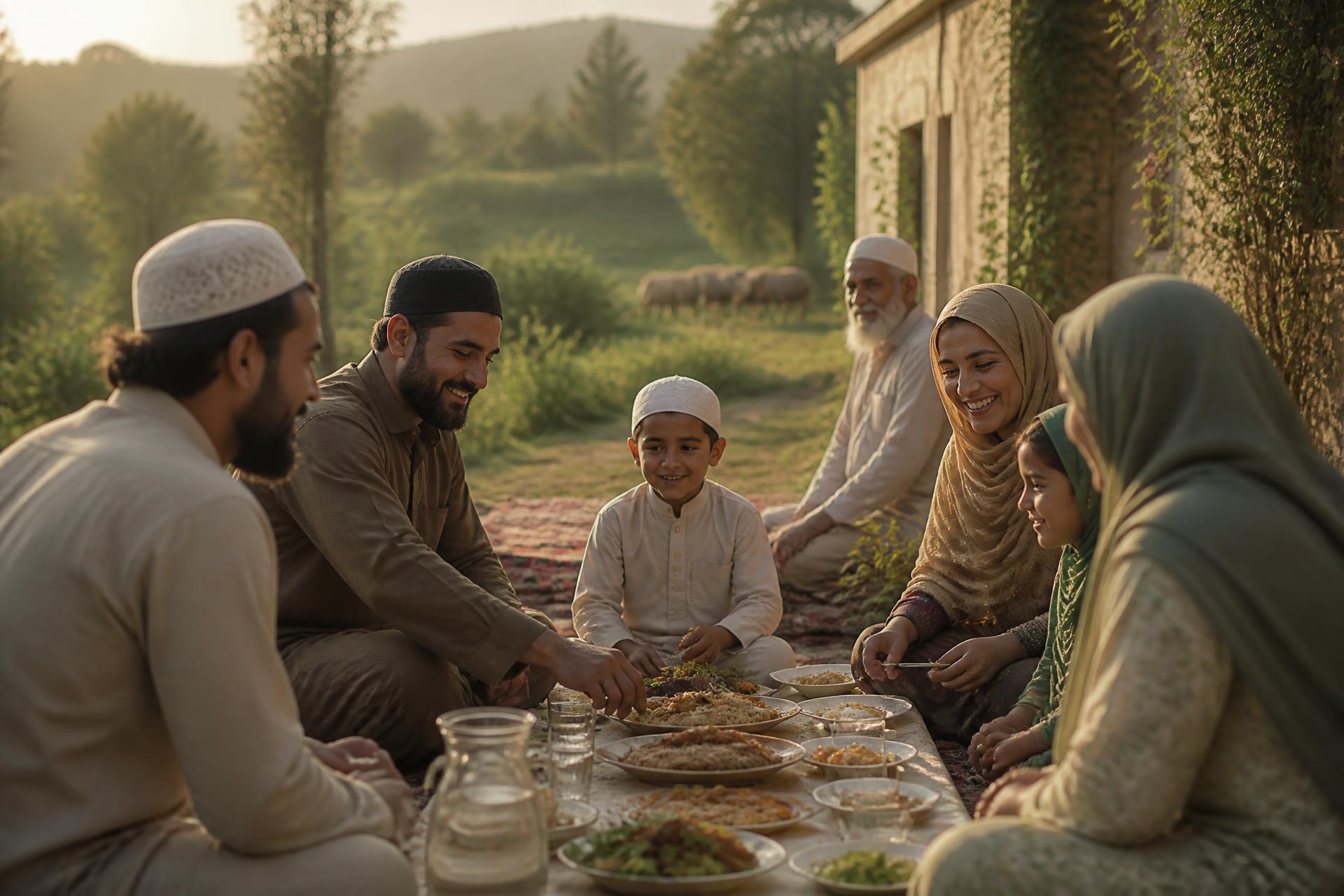 A family gathered around a warm outdoor meal at golden hour